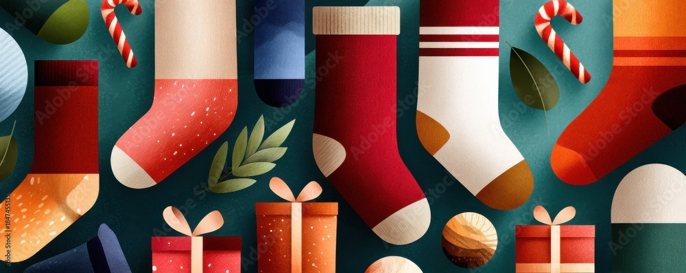 Fototapeta premium Colorful Christmas socks with gifts and candy canes in a festive flat design scene