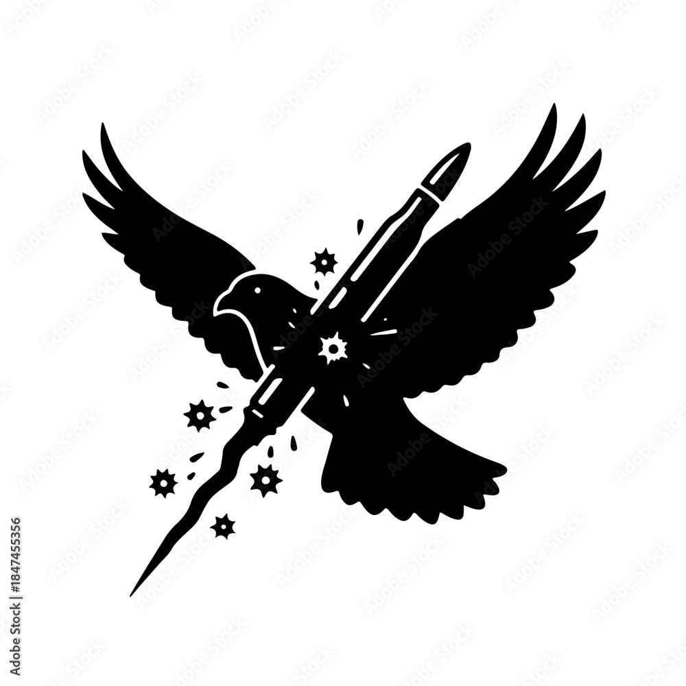 Obraz premium vector symbolizing the impact of war on wildlife and biodiversity. A flying bird silhouette is crossed by a bullet mark, representing habitat destruction and threats to animal life during conflict