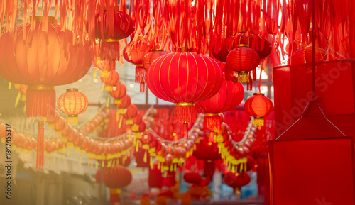 Photography Red lantern decorated during lunar new year celebration in old chinatown street