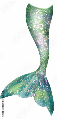 Shimmering seafoam green mermaid tail with sparkling scales, dreamy watercolor gradient fin illustration for ocean fantasy themes, nursery wall art, party decor and craft designs

