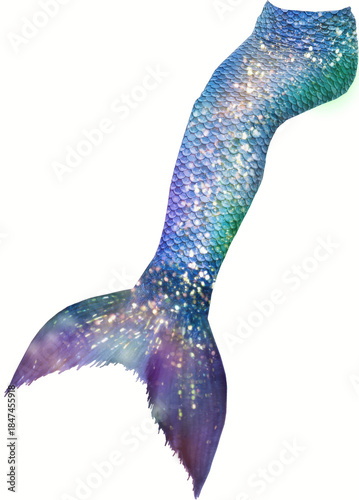 Cool blue green mermaid tail with sparkling galaxy scales and soft purple glow, vertical fantasy fin illustration for ocean characters, kids room decor, party designs and crafts

