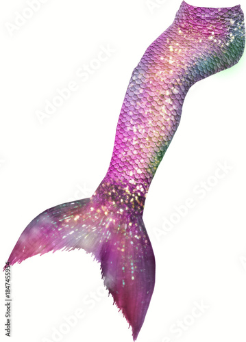 Pink rainbow mermaid tail with sparkling scales and golden highlights, vertical fantasy fin artwork perfect for character design, kids mermaid parties, girly decor and magical crafts

