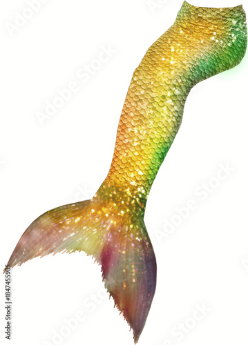 Tall shimmering green and gold mermaid tail with detailed scales and sparkling highlights, vertical fantasy fin artwork for posters, character design, party decor and oceanic illustrations

