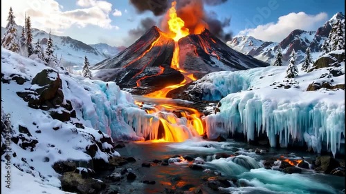Dramatic Volcanic Eruption in a Snowy Winter Landscape with Flowing Lava and Icy River.