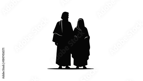 Silhouette of biblical couple Abraham and Sarah. Religious vector illustration of man and woman in traditional robes. Isolated black icon on transparent background