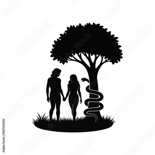 Adam and Eve silhouette in the Garden of Eden. Biblical vector illustration of original sin with serpent and tree. Isolated black icon