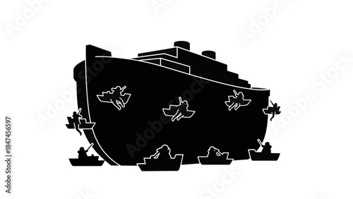 Silhouette illustration of a ship or ark being boarded by enemies. Maritime attack and capture concept. Black vector graphic isolated on transparent background