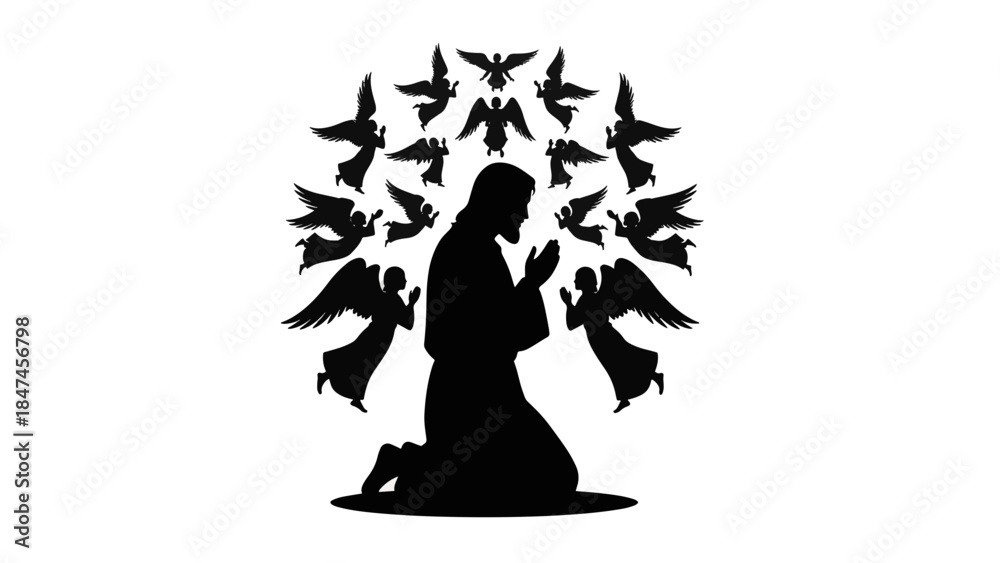 Obraz premium Silhouette of Jesus Christ kneeling in prayer surrounded by angels. Christian religious vector illustration. Faith and devotion graphic design