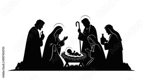 Christmas Nativity scene silhouette. Holy Family with Mary, Joseph, Baby Jesus, and Three Wise Men. Black vector illustration isolated on transparent background