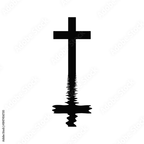 Vertical illustration of a cross reflected in water. Minimalist silhouette creating an inverted cross symbol. Vector graphic icon isolated on a transparent background