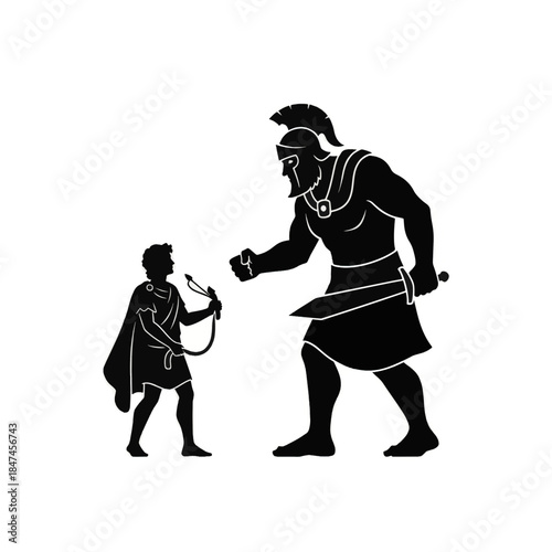 The biblical story of David and Goliath in a silhouette vector illustration. A classic underdog concept of a small hero fighting a giant warrior. Isolated graphic for religious or business themes