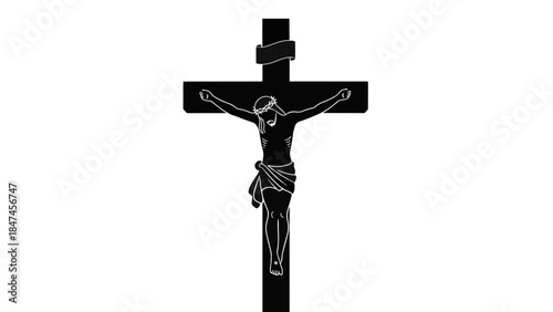 Silhouette of the crucifixion of Jesus Christ on the cross. A Christian religious symbol of faith and sacrifice. Vector graphic icon illustration