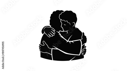 A vector silhouette of two people hugging. Symbol of reconciliation, forgiveness, and comfort. Biblical illustration of Jacob and Esau's embrace