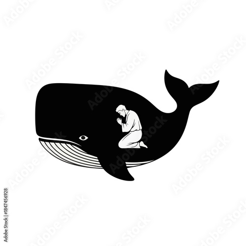 Jonah praying inside the whale biblical story. Christian religious vector silhouette icon. Minimalist graphic of faith and repentance isolated on a transparent background