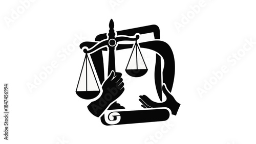 Justice and law vector icon. Scales of balance symbol with legal document. Flat design illustration isolated on transparent background