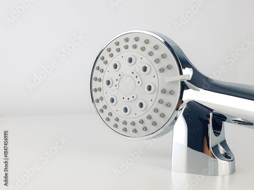 Tableau sur toile Close-up of a modern chrome showerhead against a minimalist white background, showcasing its sleek design and detailing suitable for home improvement concepts