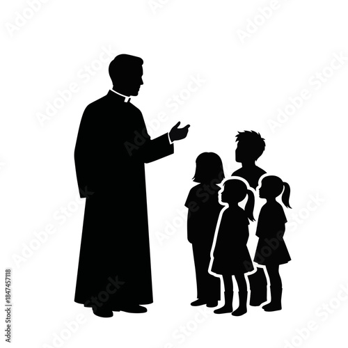Priest speaking to children silhouette vector illustration. Religious education and spiritual guidance concept. Isolated on transparent background