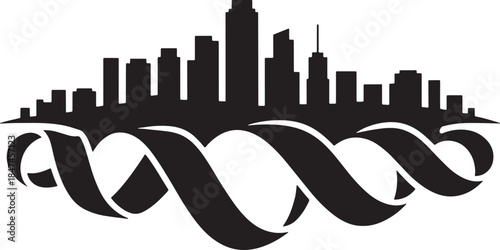 Dark city skyline with swirl shapes and ribbon accents in transparent background scenery
