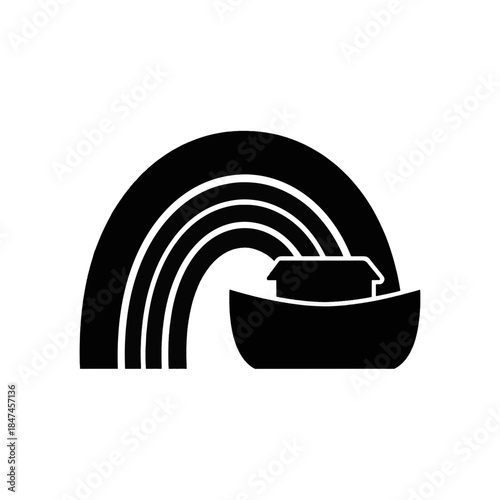 Noah's Ark and rainbow vector icon. Biblical flood story symbol. Minimalist flat design graphic representing hope and covenant. Isolated on transparent background