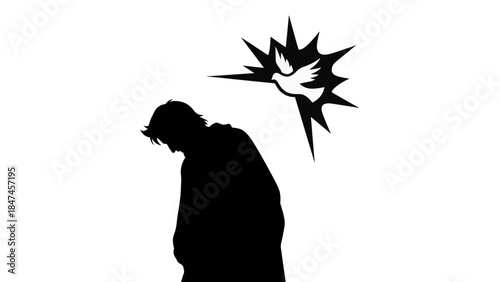 Silhouette of person with bowed head and flying dove. Spiritual loss or divine departure concept. Minimalist vector illustration isolated on transparent background
