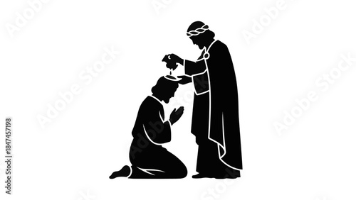 Religious anointing ceremony vector illustration. Silhouette of a kneeling figure being blessed. Spiritual ritual icon isolated on transparent background
