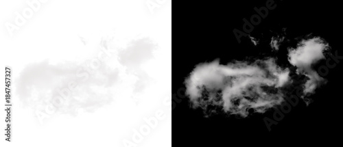 Bild auf Leinwand A detailed volumetric cloud render shown side-by-side with its alpha mask on a b