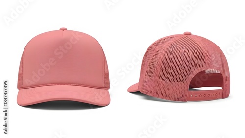 red pastel color trucker cap mockup, front and half side view with white background