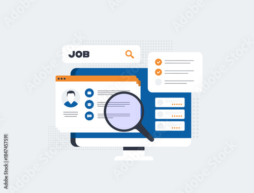 Online job search hiring recruitment platform connects employers and candidates. Digital job portals with vacancy listings, supporting selection workflow, modern career matching. Vector illustration