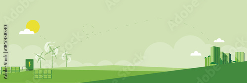 Green sustainable city landscape illustration featuring modern eco buildings, renewable energy sources, wind turbines, solar panels, and clean power infrastructure. Concept of environmental protection