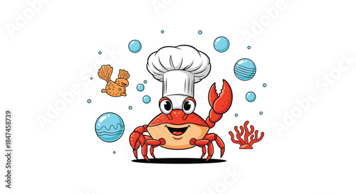 Happy cartoon crab character wearing a white chef's hat and waving its claw, surrounded by bubbles and coral in an underwater scene.