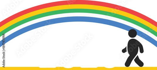 Black silhouette figure walking under colorful rainbow arch on white background vector illustration concept of hope and new beginning