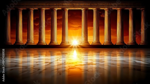 Spectacular sunrise over ancient columns historic site digital art serene environment wide angle timeless beauty