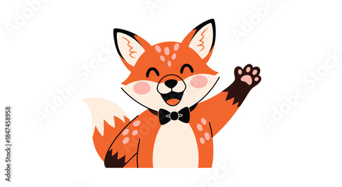 Friendly and cheerful cartoon fox character wearing a black bow tie, smiling broadly and waving a paw in a happy greeting.