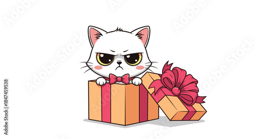 A grumpy-looking white cartoon kitten with a pink bow tie, popping out of a beautifully wrapped gift box with an annoyed expression.
