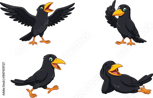 Cartoon black bird illustration set, expressive poses, yellow beak green eyes, playful character, vector style, storytelling animal graphic