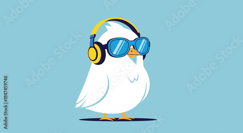 A cool cartoon white bird, possibly a seagull, standing with confidence while wearing bright blue sunglasses and yellow headphones.