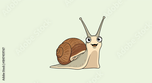 A wide-eyed and happy cartoon snail with a brown spiral shell, looking very cheerful and friendly against a light green background.
