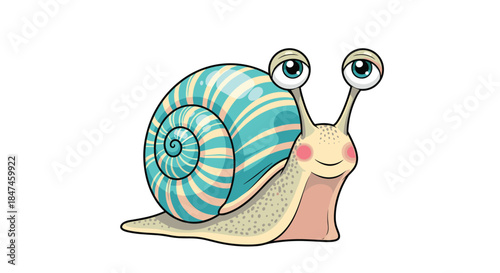 An incredibly cute and charming cartoon snail with big, expressive eyes and a beautifully patterned turquoise and cream striped shell.