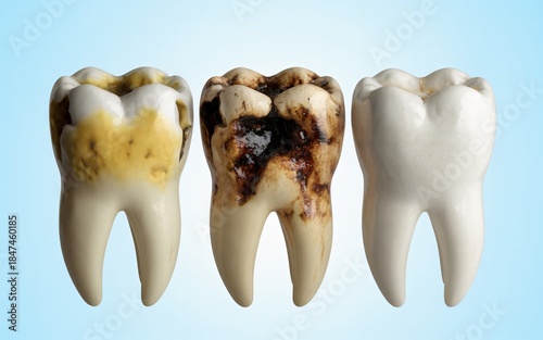This anatomical model shows three teeth in varying stages of severe dental decay and plaque buildup.