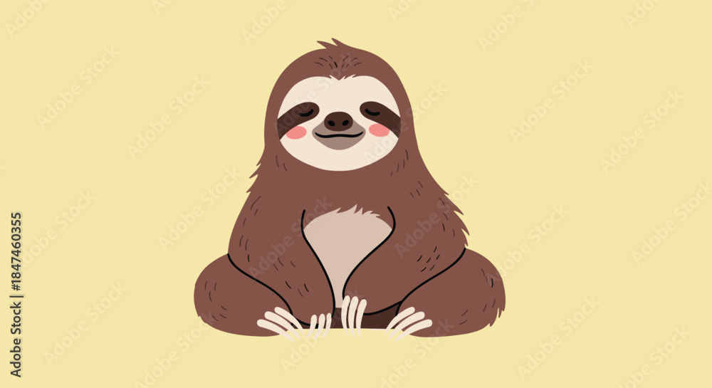 Naklejka premium A calm and content cartoon sloth sitting in a meditative yoga pose with its eyes closed and a gentle smile, on a soft yellow background.