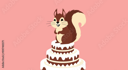 A happy cartoon squirrel standing proudly on top of a multi-layered birthday or wedding cake with white frosting and chocolate layers.