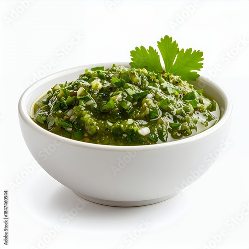 Bright green chimichurri sauce in a white bowl, presented on a white background