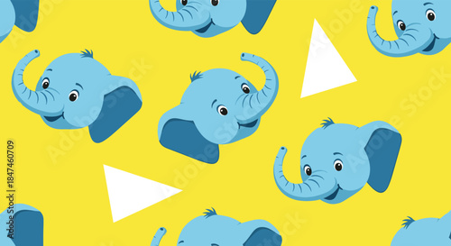A fun and seamless repeating pattern for kids, featuring cute blue elephant heads and white triangles scattered on a bright yellow background.
