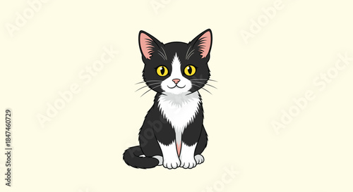A cute and simple cartoon illustration of a black and white tuxedo kitten sitting politely on a light yellow, solid color background.
