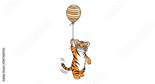 A whimsical black and white line art illustration of a cute tiger cub being lifted into the air by a single striped orange balloon.