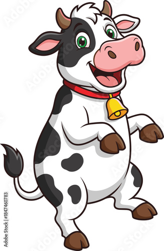 Cheerful cow cartoon illustration, standing pose, black white pink design, red collar bell, children’s animal graphic, playful vector style