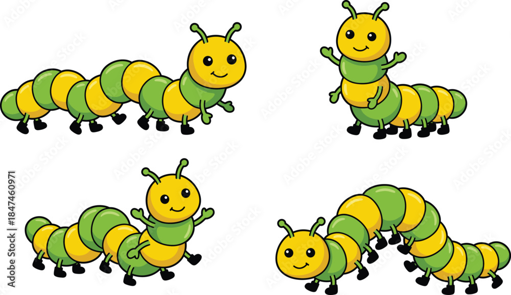 Obraz premium Four Cute Cartoon Caterpillar Vector Illustrations with Green and Yellow Segments in Various Friendly Poses for Children's Educational Design Projects.