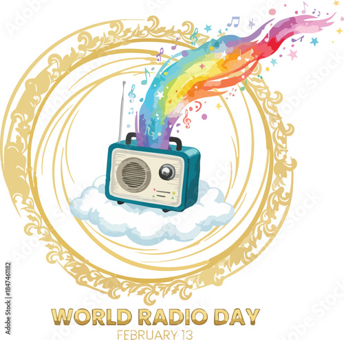 Broadcast of World Radio Day: A vintage radio floats on a cloud, broadcasting a vibrant rainbow of musical notes and stars against a ornate gold frame, celebrating World Radio Day.
