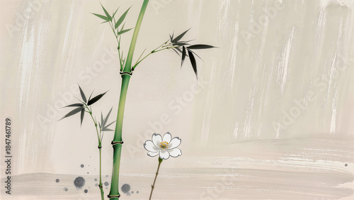 Bamboo and white flower in oriental ink painting style (Sumi-e), zen background.