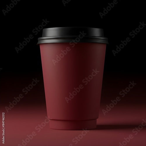 Deep Burgundy Red Coffee Cup Mockup with Black Lid on Dark Surface